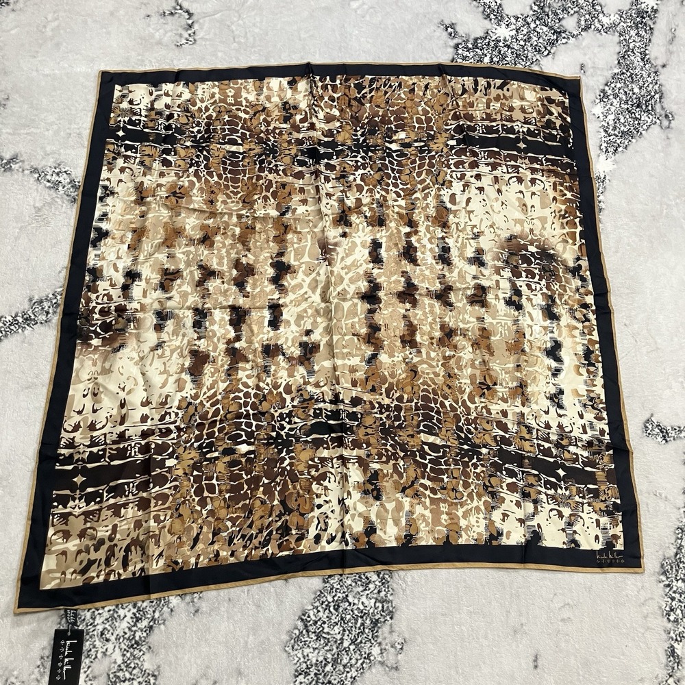 Nicole Miller Silk Scarf Brown Animal Print Square Satin NWT Luxury Wrap
